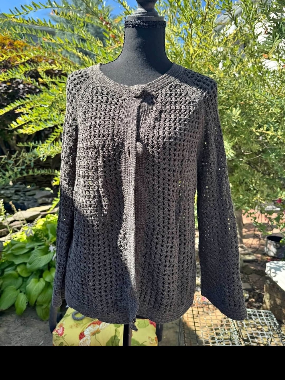 Liz Claiborne Black Open-Knit Button-Front Cardigan